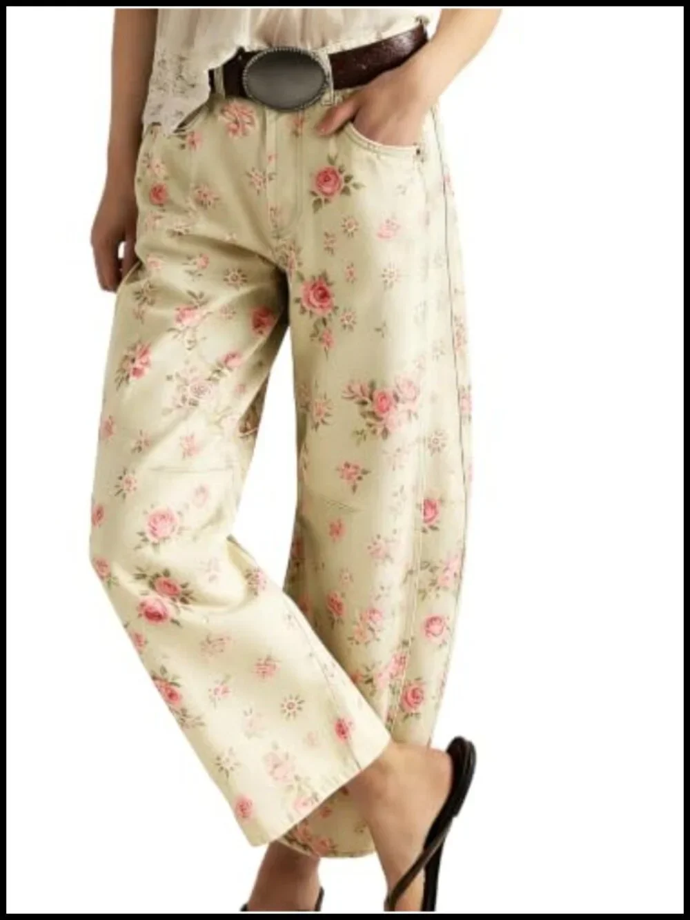 Wide Leg Floral Barrel Jeans High Waisted Y2K Denim Pants Ankle Length